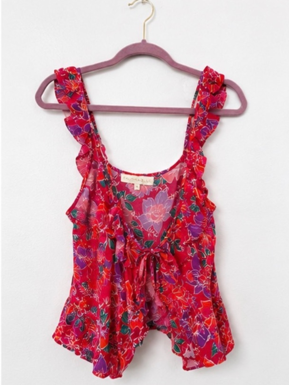 Women's Red Floral Ruffle Tie-Front Tank Top